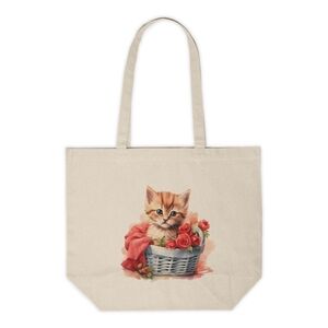 Floral Cat in a Basket Custom Canvas Tote Bag
